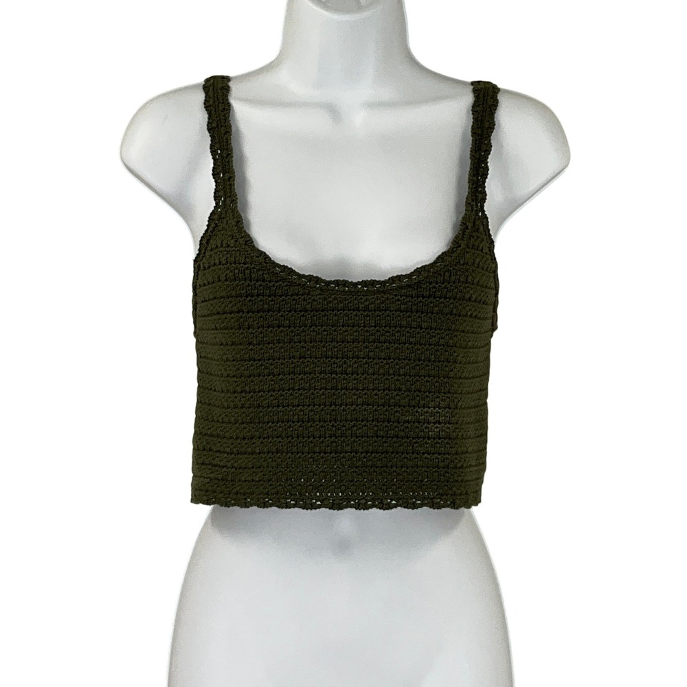 Aerie Olive Green Crochet Crop Tank Top Stretch Knit Sz XXS Bohemian